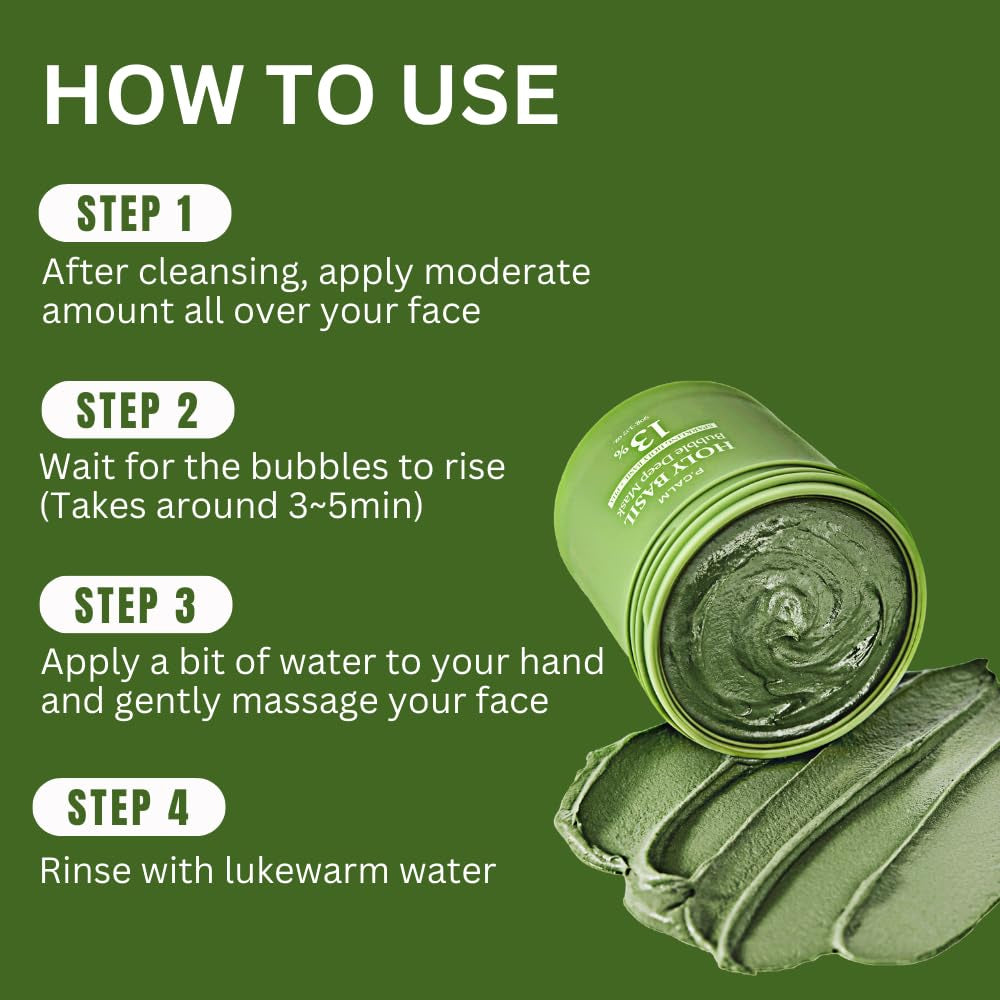 Holy Basil Bubble Deep Mask – Holy Basil & Carbonated Water for Cleansing Pores & Blackheads, Korean Clay to Bubble Wash-Off Pack (90G / 3.17 Oz)