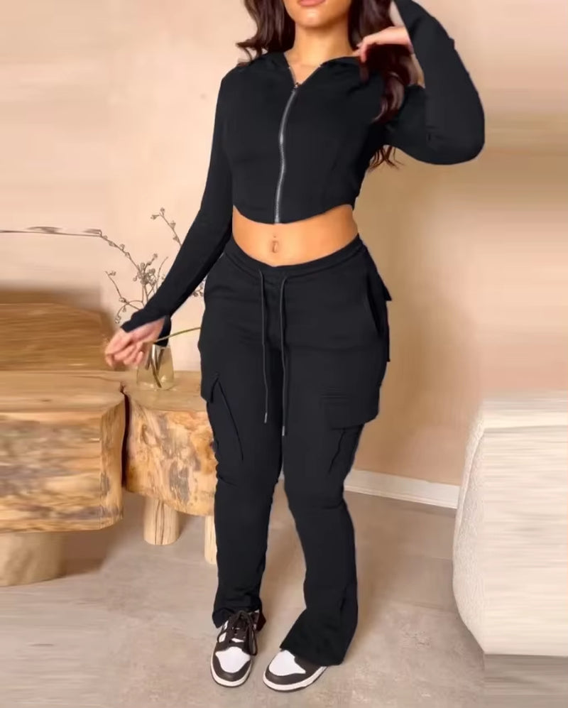 Zipper Design with Exposed Navel Hooded Sweatshirt and Drawstring V-Shaped Waistline Work Pants, Sports Pants Long Pants Set
