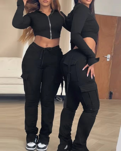 Zipper Design with Exposed Navel Hooded Sweatshirt and Drawstring V-Shaped Waistline Work Pants, Sports Pants Long Pants Set