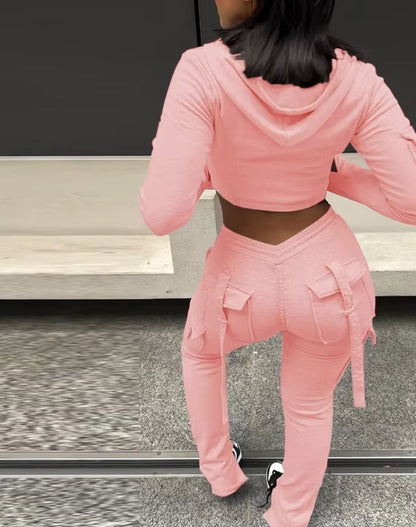 Zipper Design with Exposed Navel Hooded Sweatshirt and Drawstring V-Shaped Waistline Work Pants, Sports Pants Long Pants Set