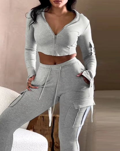 Zipper Design with Exposed Navel Hooded Sweatshirt and Drawstring V-Shaped Waistline Work Pants, Sports Pants Long Pants Set