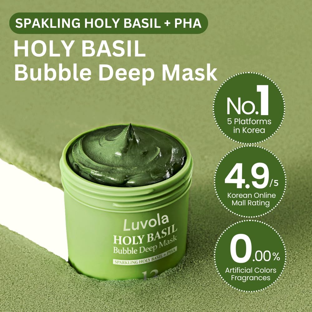 Holy Basil Bubble Deep Mask – Holy Basil & Carbonated Water for Cleansing Pores & Blackheads, Korean Clay to Bubble Wash-Off Pack (90G / 3.17 Oz)