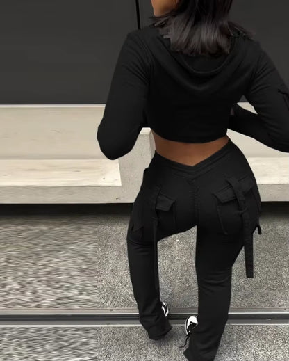 Zipper Design with Exposed Navel Hooded Sweatshirt and Drawstring V-Shaped Waistline Work Pants, Sports Pants Long Pants Set