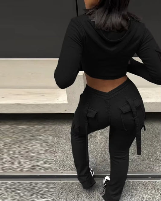 Zipper Design with Exposed Navel Hooded Sweatshirt and Drawstring V-Shaped Waistline Work Pants, Sports Pants Long Pants Set